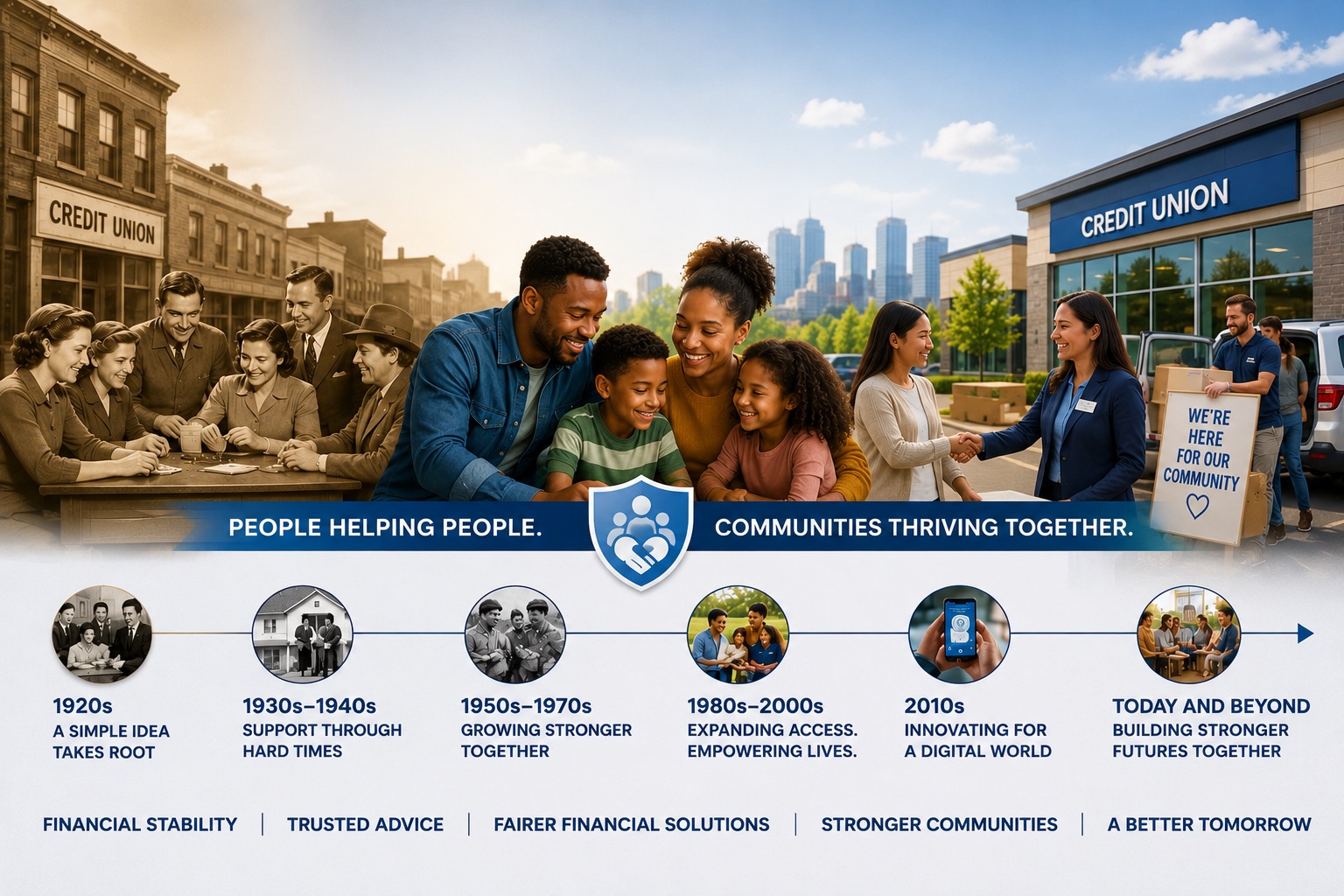 Credit Unions Through the Generations This wide, panoramic image illustrates the enduring role of credit unions in strengthening American families and communities across generations. The composition blends historical and modern scenes to symbolize more than a century of service, trust, and community impact. Left Side: Historical Roots The left portion of the image is rendered in warm sepia tones, depicting an early 20th-century main street with a neighborhood credit union. Community members are gathered around a table, representing the cooperative spirit and local financial support that helped establish the credit union movement during its earliest years. Center: Today's Families At the heart of the image, a smiling multigenerational family gathers together, symbolizing the people-first mission of credit unions. Parents and children share a joyful moment, representing financial security, opportunity, and the importance of building strong financial futures for the next generation. Right Side: Modern Community Impact The right side transitions into a vibrant contemporary scene featuring a modern credit union branch. A credit union employee warmly greets a community member with a handshake while volunteers unload boxes from a vehicle beside a sign reading "We're Here for Our Community." The scene highlights the role credit unions play beyond financial services through volunteerism, local partnerships, and community support. Central Banner A bold blue banner stretches across the center of the image featuring a shield emblem with a family icon. On either side of the emblem are the phrases: People Helping People. Communities Thriving Together. These statements emphasize the cooperative philosophy that defines credit unions. Historical Timeline Running across the lower third is a visual timeline illustrating the evolution of credit unions through key eras: 1920s: A simple idea takes root. 1930s–1940s: Support through hard times. 1950s–1970s: Growing stronger together. 1980s–2000s: Expanding access and empowering lives. 2010s: Innovating for a digital world. Today and Beyond: Building stronger futures together. Each milestone is represented by a circular photograph that reflects the people and communities served during that period. Foundation Themes Across the bottom of the image, five core principles reinforce the lasting mission of credit unions: Financial Stability Trusted Advice Fairer Financial Solutions Stronger Communities A Better Tomorrow Overall Mood The image conveys continuity, resilience, and optimism. By blending historic imagery with modern families and community engagement, it illustrates how credit unions have evolved alongside the people they serve while remaining committed to cooperative values, financial inclusion, and helping communities thrive across generations.