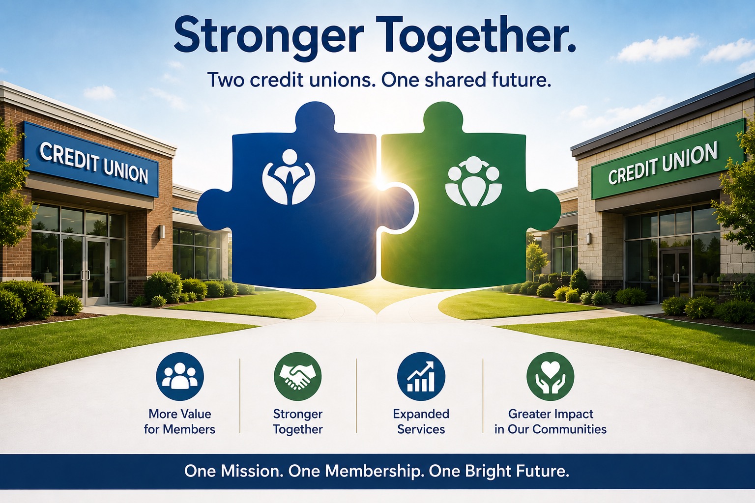 Credit Union Merger Concept This wide, professional illustration symbolizes the merger of two credit unions into one stronger organization through themes of partnership, growth, and shared purpose. At the center of the image are two large interlocking puzzle pieces—one blue and one green—coming together to form a complete connection. Each puzzle piece features a simple people-focused icon, representing the member-owned, cooperative nature of credit unions. Bright sunlight shines through the point where the two pieces connect, emphasizing unity, opportunity, and a bright future. Flanking the puzzle pieces are two modern credit union branch buildings, one on each side of the image. Landscaped walkways from both branches converge toward the center, visually reinforcing the idea of two organizations coming together as one. Across the top, the headline reads: "Stronger Together." A supporting line underneath states: "Two credit unions. One shared future." Below the central graphic are four icons highlighting the benefits of a merger: More Value for Members — represented by a people icon. Stronger Together — illustrated with a handshake. Expanded Services — shown with an upward-trending growth chart. Greater Impact in Our Communities — represented by hands supporting a heart. Anchoring the bottom of the image is a bold blue banner displaying the message: "One Mission. One Membership. One Bright Future." The design uses clean typography, modern architecture, vibrant blue and green colors, and bright natural lighting to create a positive, forward-looking message. Overall, the image conveys collaboration, stability, expanded member benefits, and the long-term strength created when two credit unions unite to better serve their members and communities.