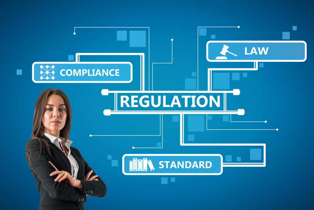 Attractive young european businesswoman with abstract digital regulation sketch or hologram standing on blue wall background. Compliance, management and law concept