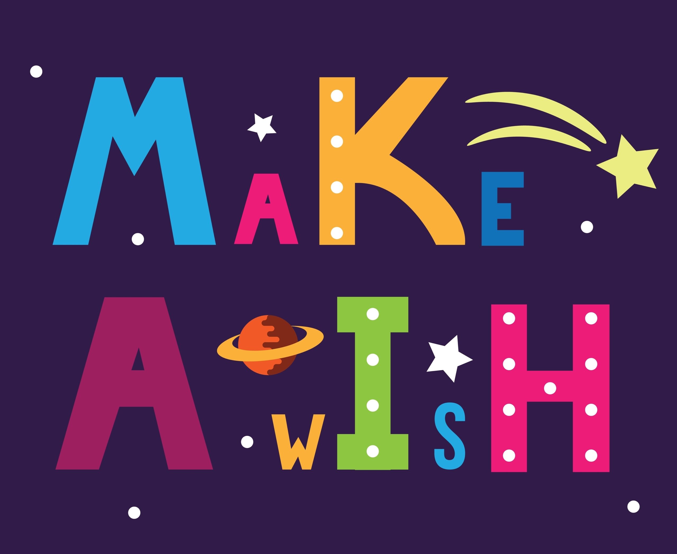 Make a Wish Phrase Bright Colors with Stars and Planet. Quotation and motivation to dream big vector art
