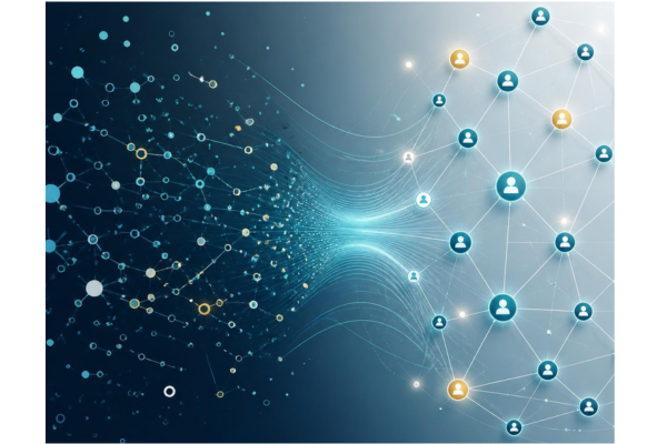 Abstract business visual showing messy scattered data points transforming into seamless connected member relationships