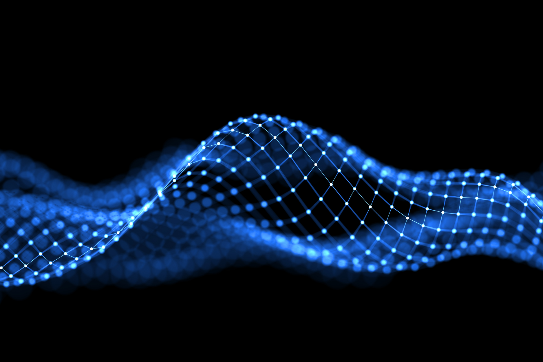 An abstract digital network visualization featuring an undulating mesh of interconnected blue nodes and lines against a black background. The flowing wave pattern represents data movement, connectivity, artificial intelligence, cloud computing, machine learning, cybersecurity, big data analytics, blockchain, and modern digital infrastructure. The glowing network conveys speed, innovation, and the seamless exchange of information across complex systems.