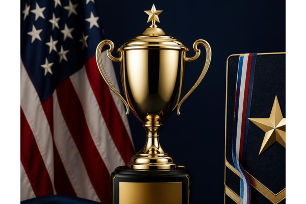 Gold trophy with a USA flag and a US Army-inspired patriotic award theme