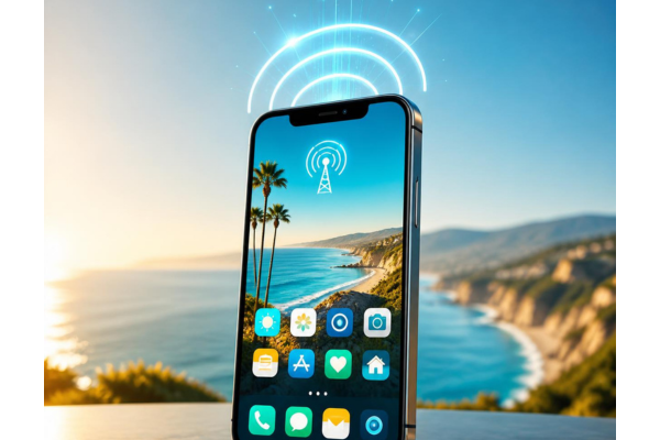 Sleek smartphone mockup with vibrant California sunny and coastal tones