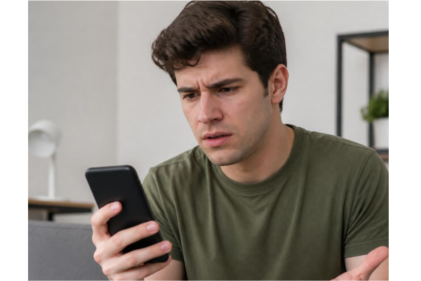 Candid photo of a confused young adult looking at a smartphone