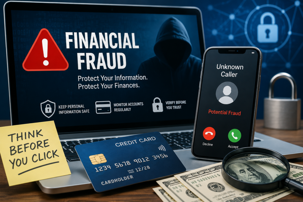 A modern office desk features an open laptop displaying a large "FINANCIAL FRAUD" warning alongside a red caution symbol. Behind the warning is a shadowy hooded figure, representing cybercriminals and online fraud. In front of the laptop sits a smartphone showing an incoming call from an "Unknown Caller" labeled "Potential Fraud," illustrating common phone scam tactics. A credit card, U.S. currency, and a magnifying glass are arranged on the desk, symbolizing banking, identity theft, and financial investigations. A yellow sticky note reading "THINK BEFORE YOU CLICK" reinforces the message of being cautious with emails, texts, and suspicious links. Security-themed graphics—including a padlock icon and digital network background—further emphasize online protection and cybersecurity. The overall design conveys themes of: Financial fraud prevention Identity theft awareness Phishing and scam prevention Banking and credit card security Cybersecurity and online safety Protecting personal and financial information The image uses a dark blue technology-inspired color palette with bold warning elements to create a strong visual message about vigilance against financial scams.