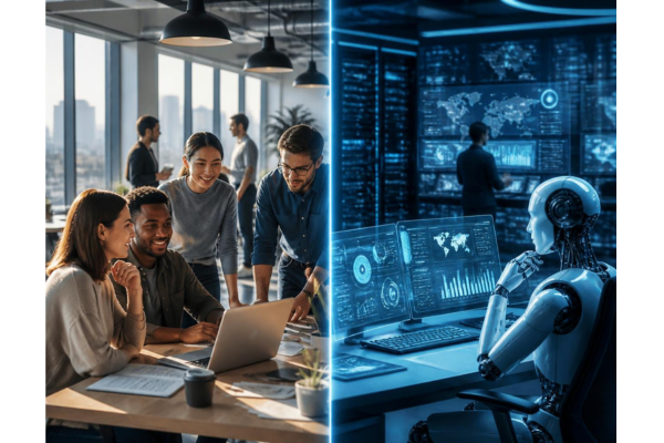 Human vs AI office concept