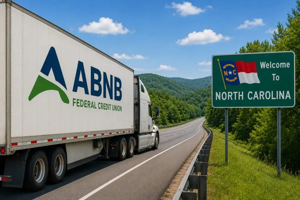 A vibrant, high-resolution image shows a white tractor-trailer traveling along a scenic interstate as it enters North Carolina. The trailer prominently displays the ABNB Federal Credit Union logo in bold blue and green across its side, with no additional tagline or marketing text. Beside the highway, a large green "Welcome to North Carolina" sign stands against a backdrop of rolling, forested mountains beneath a bright blue sky dotted with white clouds. Metal guardrails follow the gently curving roadway, while lush green trees line both sides of the highway. The clean, uncluttered composition emphasizes the branded truck making its way into North Carolina, conveying expansion, growth, and regional presence in a professional, realistic style suitable for a business news article or corporate announcement.