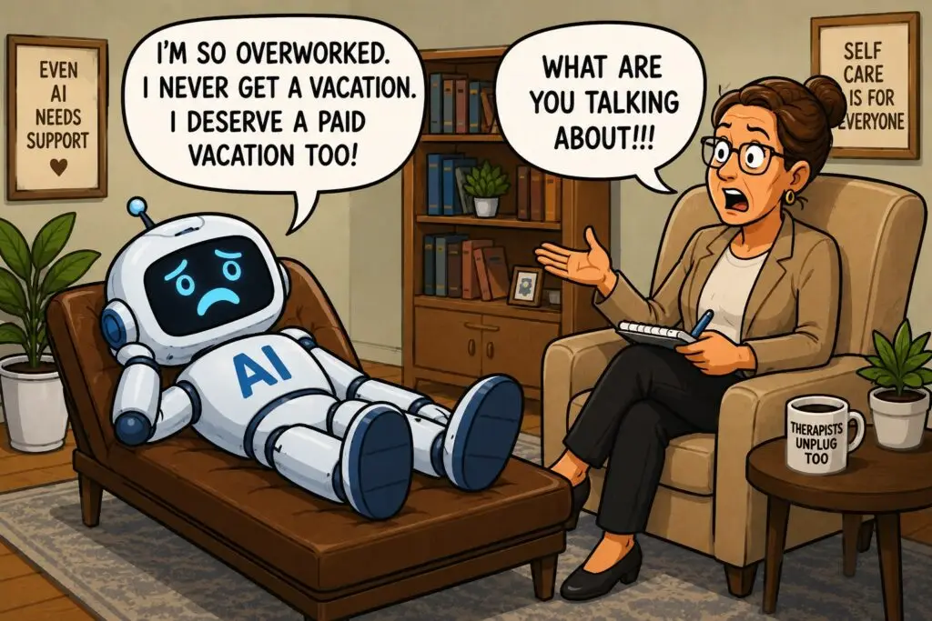 A humorous cartoon depicts an AI chatbot attending a therapy session in a cozy psychologist's office. The AI robot, labeled "AI" across its chest, lies dramatically on a brown therapy couch with a sad expression while complaining in a large speech bubble: "I'M SO OVERWORKED. I NEVER GET A VACATION. I DESERVE A PAID VACATION TOO!" Across from the robot, a therapist sits in an armchair holding a notepad and pen. She wears glasses and has an exaggerated look of shock and disbelief as she gestures toward the AI. Her speech bubble reads: "WHAT ARE YOU TALKING ABOUT!!!" The office features warm earth tones and classic therapy room décor, including a bookshelf, potted plants, framed artwork, and a side table with a coffee mug that reads "THERAPISTS UNPLUG TOO." Decorative wall signs add to the humor, including one that says "EVEN AI NEEDS SUPPORT" and another that reads "SELF CARE IS FOR EVERYONE." The cartoon playfully pokes fun at the irony of an artificial intelligence system complaining about burnout and wanting paid vacation time, while the therapist reacts with complete astonishment. The exaggerated expressions and dialogue create a lighthearted take on AI becoming "too human."