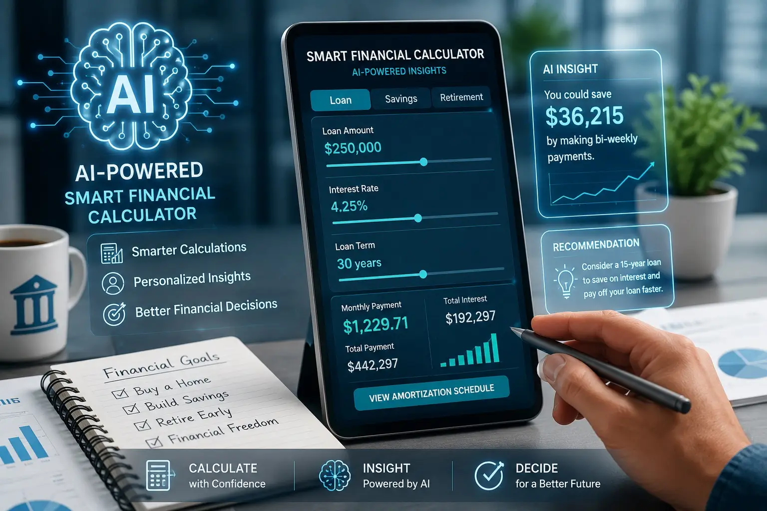 A modern, technology-inspired illustration showcases an AI-powered smart financial calculator in a sleek financial workspace. At the center, a tablet displays an interactive calculator interface with tabs for Loans, Savings, and Retirement, allowing users to adjust loan amounts, interest rates, and repayment terms while instantly viewing monthly payments, total interest, and projected savings. Glowing blue AI graphics, including a stylized digital brain and connected circuitry, emphasize artificial intelligence driving the calculations. Floating beside the tablet are translucent AI insight panels highlighting personalized recommendations, such as potential savings through bi-weekly payments and suggestions for faster loan payoff. A hand holding a stylus interacts with the calculator, reinforcing the theme of intelligent financial planning. The desk features financial reports, charts, a notebook labeled "Financial Goals," a coffee mug with a financial institution icon, and a small potted plant, all set against a softly blurred office background. The image uses a clean blue-and-cyan color palette with subtle neon accents to convey innovation and trust. Bold typography reading "AI-Powered Smart Financial Calculator" reinforces the theme, while supporting text highlights benefits such as Smarter Calculations, Personalized Insights, and Better Financial Decisions, making the graphic ideal for articles about AI-driven financial planning, lending technology, or digital banking tools.