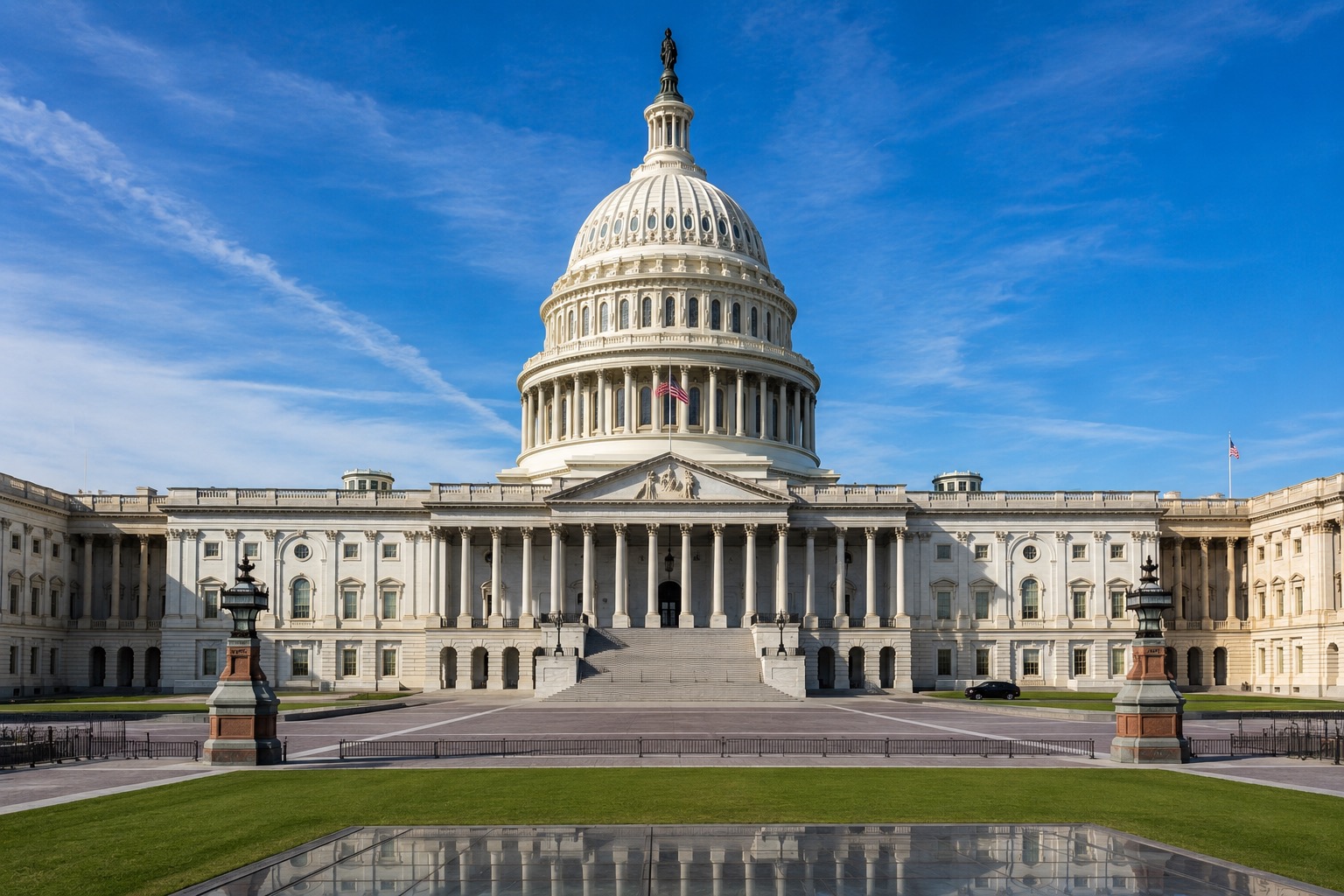 A high-resolution, landscape-oriented photograph presents a striking front view of the United States Capitol in Washington, D.C., under a bright blue sky with wispy white clouds. The iconic white marble Capitol building dominates the image, centered perfectly to emphasize its symmetry and grandeur. Its massive dome rises prominently above the structure, topped by the Statue of Freedom. The neoclassical architecture features rows of tall Corinthian columns, ornate pediments, and broad staircases leading to the main entrance. An American flag flies from the center of the building, adding a patriotic focal point. The foreground includes a wide, polished stone plaza with a reflective surface, neatly manicured green lawns, and decorative historic lampposts framing both sides of the approach. The scene is evenly lit by daylight, highlighting the crisp white façade against the deep blue sky. There are no crowds or vehicles distracting from the architecture, giving the image a clean, timeless, and official appearance.