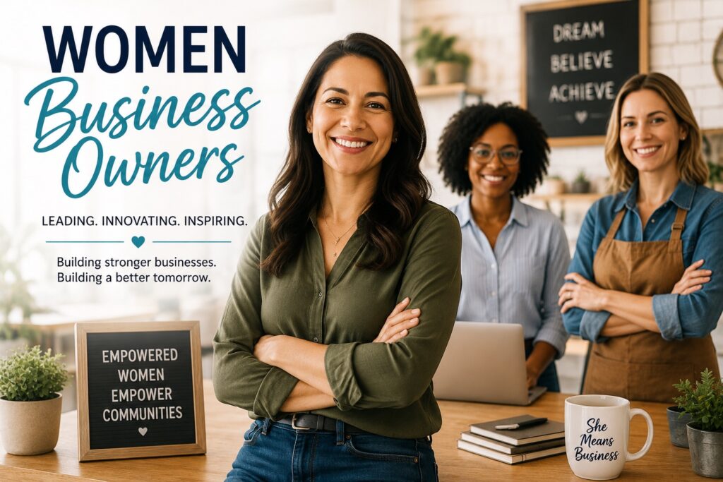 A bright, inspiring marketing image celebrates the success, leadership, and entrepreneurial spirit of women business owners in a modern small-business environment. The left side of the image features bold typography that reads: WOMEN Business Owners Below the title is the empowering message: LEADING. INNOVATING. INSPIRING. Followed by: Building stronger businesses. Building a better tomorrow. The center of the image showcases a confident woman business owner standing with her arms crossed and smiling directly at the camera. She wears professional business-casual attire, projecting confidence, leadership, and approachability. Behind her are two additional women entrepreneurs representing diverse backgrounds: One woman works behind a laptop, symbolizing technology, innovation, and professional services. Another wears an apron, representing a successful retail or small business owner. Together they convey collaboration, diversity, and the many industries led by women entrepreneurs. The modern workspace includes warm wood finishes, indoor plants, shelving, and soft natural lighting that creates a welcoming, optimistic atmosphere. Additional inspirational elements include: A tabletop letter board reading: "EMPOWERED WOMEN EMPOWER COMMUNITIES" A coffee mug displaying: "She Means Business" A wall sign in the background featuring: DREAM BELIEVE ACHIEVE The overall color palette combines warm neutrals with teal accents and natural wood tones, reinforcing professionalism and optimism. The image communicates themes of: Women entrepreneurship Small business ownership Leadership Female executives Business growth Innovation Diversity in business Economic empowerment Community impact Professional success Women-owned businesses Entrepreneurship and collaboration Overall, the image has the appearance of a polished stock-style marketing graphic suitable for newsletters, LinkedIn posts, websites, magazine articles, chamber of commerce publications, or financial institution content celebrating and supporting women business owners.