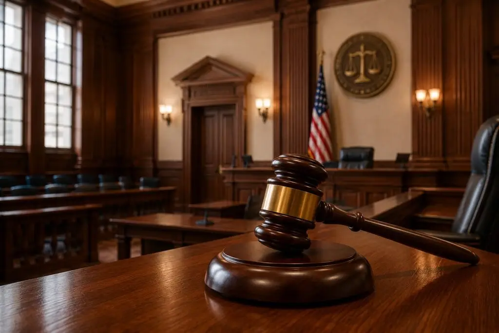A high-resolution, realistic image captures the interior of a traditional American courtroom with a polished wooden judge's bench as the focal point. Resting prominently on the bench is a richly finished wooden gavel with a brass band, positioned atop a matching round sound block, symbolizing authority, justice, and the rule of law. The background features warm wood paneling, elegant architectural details, and the judge's chair behind the bench. An American flag stands beside the dais, while a large scales of justice emblem is mounted on the wall above, reinforcing the courtroom setting. Rows of empty seating for attorneys, jurors, and spectators extend into the softly blurred background, creating depth and emphasizing the formal atmosphere. Natural light streams through tall courtroom windows, blending with warm wall sconces to illuminate the rich wood tones and polished surfaces. The composition conveys professionalism, order, and the solemn nature of judicial proceedings, making the image ideal for articles about court rulings, legal issues, financial regulations, compliance, or government policy.