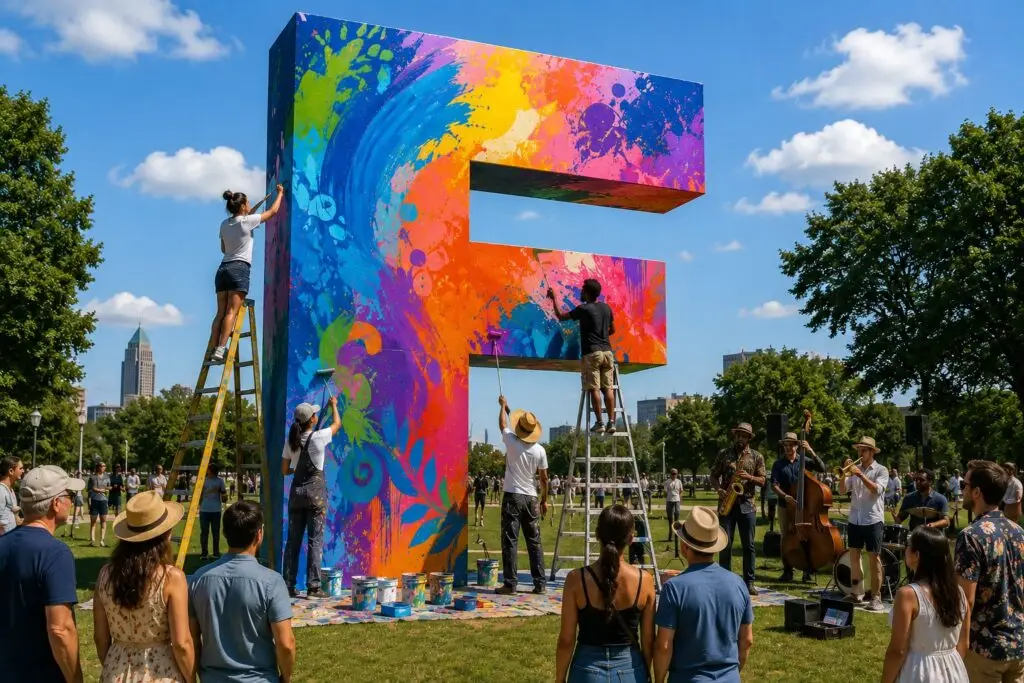 A vibrant, festival-like scene unfolds in a sunny public park where a massive freestanding three-dimensional letter "F" serves as the centerpiece of a collaborative community art project. Towering several stories high, the giant sculpture is covered in bold splashes of blue, teal, orange, purple, pink, yellow, and green paint as multiple artists work simultaneously from ladders and the ground, adding colorful brushstrokes and creative designs. Paint buckets, rollers, brushes, and drop cloths surround the base, emphasizing the large-scale artistic effort. To one side of the sculpture, a lively jazz band performs outdoors, featuring a saxophonist, trumpet player, upright bassist, and drummer. The musicians entertain a growing crowd while adding an energetic soundtrack to the creative event. Dozens of spectators gather throughout the park, with some watching the artists transform the giant "F" and others enjoying the jazz performance. Families, couples, and individuals stand or stroll across the lawn, creating the atmosphere of a neighborhood arts festival. Mature shade trees, manicured grass, a distant city skyline, and a brilliant blue sky with scattered white clouds complete the picturesque setting. The image conveys creativity, collaboration, music, and community coming together in a colorful outdoor celebration.