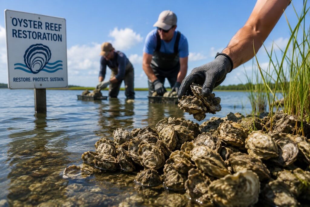 A wide-angle photograph of a coastal oyster reef restoration project taking place on a sunny day. In the foreground, a volunteer wearing protective gloves carefully places clusters of oyster shells into shallow water, where a growing reef is taking shape. The rough-textured oyster shells dominate the lower portion of the image, emphasizing the hands-on nature of the restoration effort. In the background, two additional volunteers wearing chest waders continue building the reef in calm coastal waters beneath a bright blue sky with scattered white clouds. Native marsh grasses line the shoreline, reinforcing the healthy estuarine environment. A sign reading "Oyster Reef Restoration – Restore. Protect. Sustain." with an oyster shell graphic highlights the conservation project. The image conveys environmental stewardship, habitat restoration, and community involvement while illustrating how oyster reefs improve water quality, reduce shoreline erosion, and provide habitat for marine life. It is well suited for articles about coastal conservation, environmental sustainability, marine ecosystems, or community volunteer initiatives.