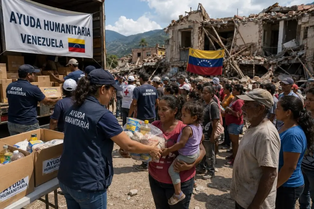 A powerful humanitarian relief scene shows volunteers delivering emergency aid to survivors in the aftermath of a devastating earthquake in Venezuela. In the foreground, aid workers wearing navy shirts labeled "AYUDA HUMANITARIA" distribute boxes of food, bottled water, cooking oil, and essential supplies from the back of a relief truck. A smiling mother holding her young child gratefully accepts a package while other families patiently wait in line for assistance. Behind the relief operation, heavily damaged buildings, collapsed walls, and piles of rubble illustrate the earthquake's destruction. A large Venezuelan flag hangs prominently among the damaged structures, symbolizing hope and resilience during recovery. The backdrop features lush green mountains beneath a bright blue sky with scattered clouds, creating a striking contrast between the natural beauty of the landscape and the disaster's impact. The scene is filled with community members, volunteers, and humanitarian workers collaborating to provide aid and comfort. Cardboard boxes marked for humanitarian assistance, emergency supplies, and organized distribution efforts emphasize relief and recovery rather than devastation alone. The image conveys compassion, resilience, and the importance of humanitarian response following a natural disaster, making it well suited for news coverage, disaster relief organizations, or recovery-focused stories.