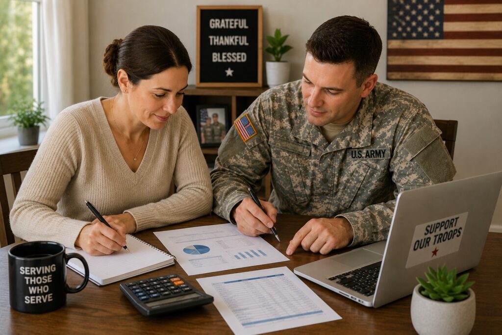 A warm, realistic photograph of a military couple sitting together at a dining room table, collaborating on their household finances. The service member, dressed in a U.S. Army camouflage uniform, reviews financial documents while pointing to a worksheet, as their spouse takes notes in a notebook. Both appear focused and engaged, conveying teamwork and shared financial planning. The tabletop contains a calculator, financial spreadsheets with charts and tables, a laptop displaying a patriotic "Support Our Troops" sticker, and handwritten notes, reinforcing the theme of budgeting and financial organization. A black coffee mug with the phrase "Serving Those Who Serve" sits nearby, adding a subtle military tribute. The background features a tastefully decorated home with an American flag wall hanging, a framed military family photo, a small potted plant, and a decorative sign reading "Grateful • Thankful • Blessed." Soft natural light streams through a nearby window, creating a comfortable, welcoming atmosphere. The overall image emphasizes financial responsibility, teamwork, and the everyday realities of military family life. It is well suited for articles or social media posts about military family budgeting, financial wellness, personal finance, military benefits, or credit union resources for service members and veterans.