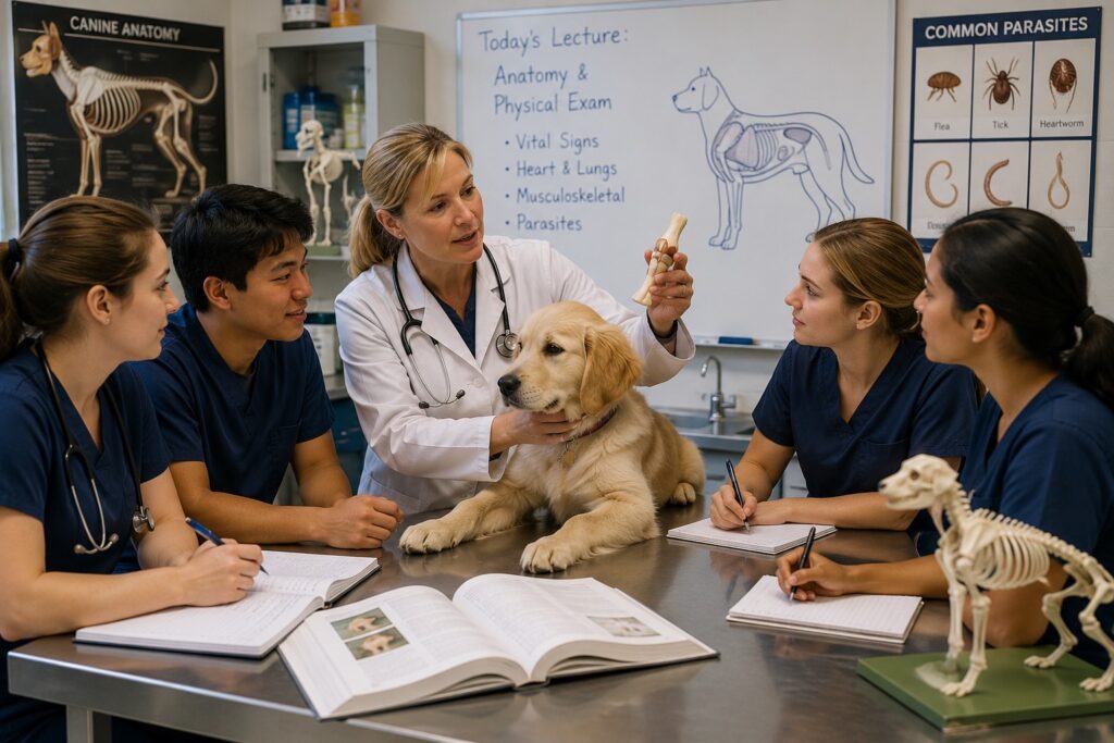 A realistic veterinary medicine classroom is filled with students gathered around an examination table as they participate in a hands-on clinical lesson. At the center of the class, a veterinary instructor wearing a white lab coat and stethoscope demonstrates canine anatomy while holding a model bone beside a calm golden retriever puppy resting on the table. The students, dressed in navy-blue medical scrubs, listen attentively, take notes, and observe the demonstration, creating an atmosphere of collaborative learning. Open textbooks, notebooks, and writing materials are spread across the stainless-steel worktable, emphasizing the academic setting. The classroom is equipped with educational resources, including a whiteboard displaying a canine anatomy illustration and lecture topics, detailed canine skeletal anatomy posters, parasite identification charts, and an anatomical dog skeleton model. Cabinets stocked with veterinary supplies complete the clinical laboratory environment. Bright overhead lighting and clean, modern facilities create a professional educational atmosphere that reflects a veterinary teaching hospital or university laboratory. The image conveys practical veterinary education, animal care, anatomy instruction, and hands-on clinical training, making it well suited for articles or social media posts about veterinary medicine, veterinary schools, animal health, or educational programs.