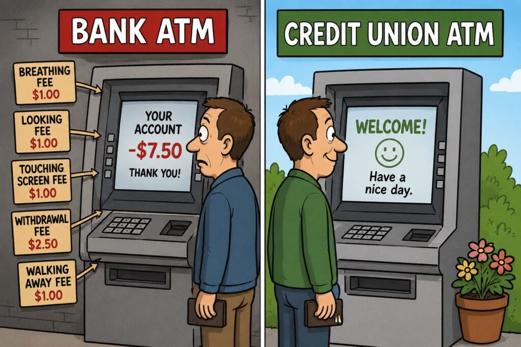 A humorous split-panel cartoon contrasts the experience of using a bank ATM versus a credit union ATM. On the left, a frustrated customer stands at a gray ATM labeled "Bank ATM," surrounded by a list of ridiculous charges including a breathing fee, looking fee, touching screen fee, withdrawal fee, and walking away fee. The ATM screen shows a negative account balance and a sarcastic "Thank You!" message, emphasizing the joke about excessive banking fees. On the right, the same customer happily uses a "Credit Union ATM" in a bright, welcoming setting with flowers and blue skies. The ATM simply displays a smiling face and the message, "Welcome! Have a nice day." The cartoon playfully highlights the contrast between fee-heavy banking and the member-friendly experience often associated with credit unions.