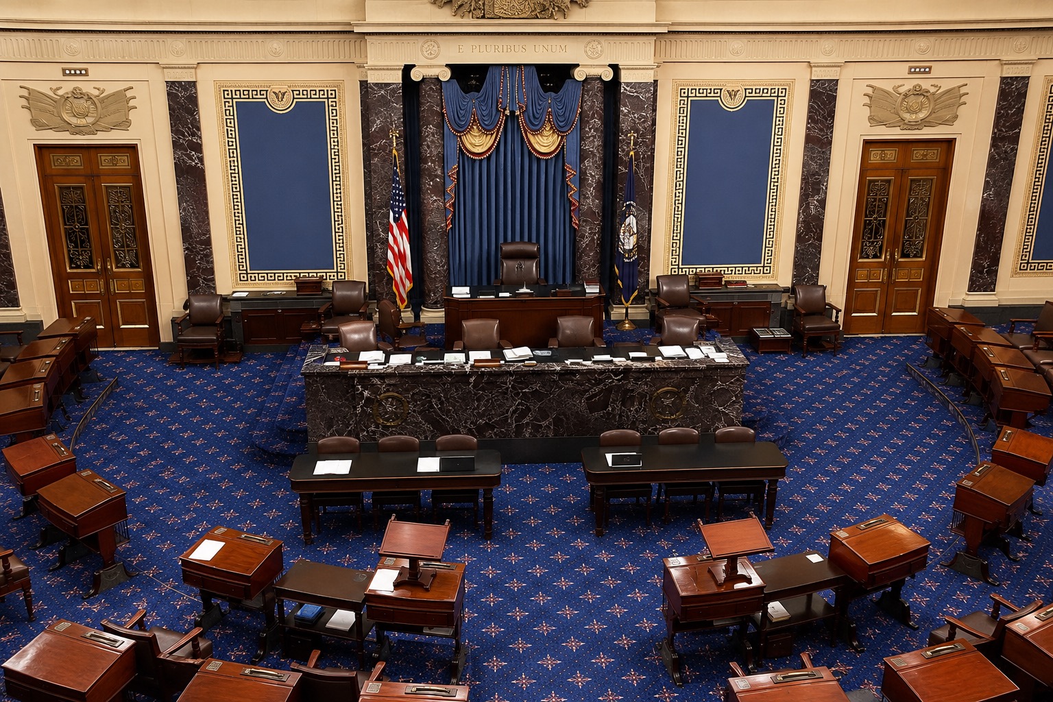 A wide, high-resolution photograph captures the interior of the United States Senate chamber from an elevated vantage point, looking toward the presiding officer’s dais. Rich dark wood desks are arranged in orderly semicircular rows across the chamber, set against a deep blue carpet decorated with repeating gold motifs. At the front, a large marble rostrum supports the presiding desk beneath elegant blue and gold drapery, flanked by the American flag and additional ceremonial flags. Above the dais, the inscription “E PLURIBUS UNUM” is prominently displayed, reinforcing the chamber’s historic significance. Ornate cream-colored walls, marble columns, carved architectural details, and decorative emblems frame the room, creating a formal and dignified atmosphere. The chamber is empty, emphasizing its grandeur, symmetry, and role as one of the nation's most important legislative bodies.