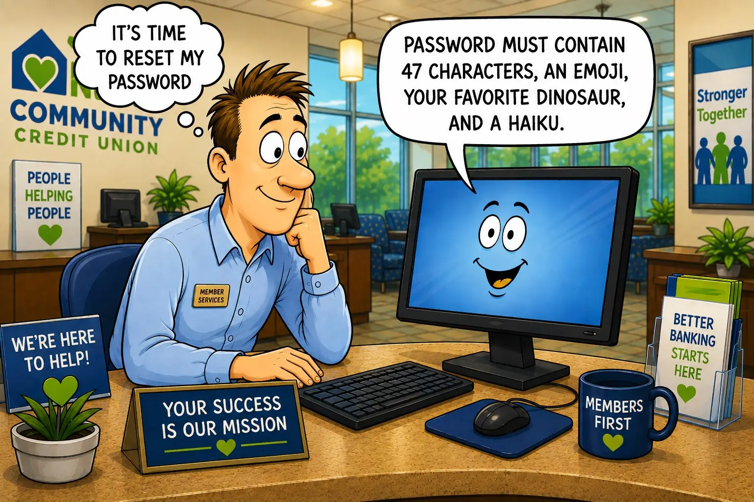 A colorful cartoon-style illustration set inside a bright, modern credit union branch. A cheerful member services employee sits at a desk, smiling patiently while preparing to reset his password. A thought bubble above him reads, "IT'S TIME TO RESET MY PASSWORD." Across the desk, his desktop computer has an animated smiling face and displays a humorous speech bubble that says, "PASSWORD MUST CONTAIN 47 CHARACTERS, AN EMOJI, YOUR FAVORITE DINOSAUR, AND A HAIKU." The office is decorated with credit union branding, including a large Community Credit Union logo on the wall, posters promoting member service and teamwork, and a brochure rack labeled "Better Banking Starts Here." On the desk are a keyboard, mouse, plant, nameplate reading "Your Success Is Our Mission," and a navy coffee mug labeled "Members First." The cartoon playfully pokes fun at increasingly complex password requirements while maintaining a friendly, member-focused credit union atmosphere.