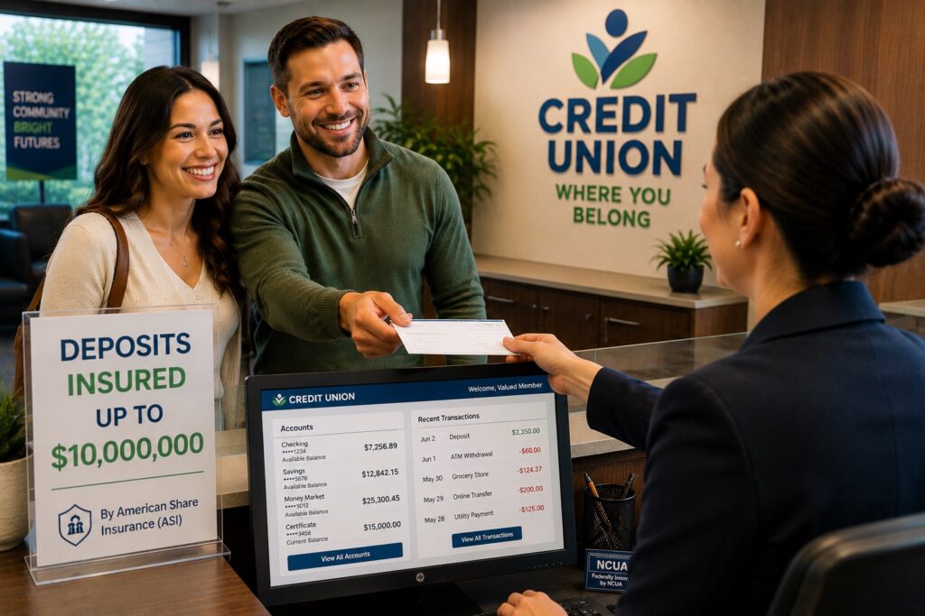 A bright, modern credit union branch is shown from the teller's point of view, creating the perspective that the viewer is the employee assisting members at the counter. A smiling couple stands on the opposite side of the teller line, with the man handing a check across the counter while the woman stands beside him, both appearing happy and engaged during their transaction. In the foreground, a computer monitor displays a realistic member account summary, including checking and savings account balances, recent transactions, and account information, reinforcing the idea that the teller is processing the member's deposit. Positioned near the members is a professionally designed countertop sign facing them that reads: "Deposits Insured Up To $10,000,000" with a smaller line underneath referencing American Share Insurance (ASI), emphasizing deposit protection. The background features a clean, contemporary credit union interior with warm wood finishes, soft lighting, indoor plants, and a large wall-mounted Credit Union logo. Large windows allow natural light to brighten the branch, creating an inviting and trustworthy atmosphere. Overall, the image conveys: Friendly, personalized member service A welcoming community-focused credit union environment Confidence and security in financial transactions Deposit insurance protection Professional teller assistance Modern banking technology with visible member account information Trust, transparency, and financial peace of mind The composition places the viewer in the role of the teller, making the interaction feel personal and reinforcing the relationship between the credit union employee and the members.