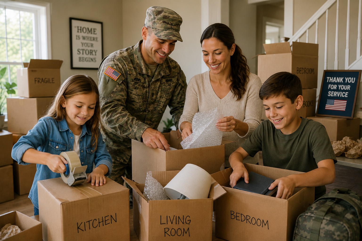 A warm, inviting scene shows a U.S. military family preparing for a move, working together inside a bright, modern home filled with packing boxes. Sunlight streams through the windows, creating a hopeful atmosphere as the family packs their belongings for their next assignment. At the center of the image, a smiling service member in a U.S. military camouflage uniform carefully packs household items into a moving box alongside their spouse. Their two children enthusiastically help with the move—one sealing a box with packing tape while the other places books and personal items into another box. Cardboard boxes labeled "Kitchen," "Living Room," "Bedroom," and "Fragile" are stacked neatly throughout the room, reflecting an organized move. Bubble wrap, packing paper, and household items are spread across the work area as the family works together. In the background, a framed sign reading "HOME IS WHERE YOUR STORY BEGINS" symbolizes the beginning of a new chapter, while another sign thanking military families for their service adds a patriotic touch. A military duffel bag rests near the packed boxes, reinforcing the family's military lifestyle and frequent relocations. The image conveys themes of: Military family life Permanent Change of Station (PCS) relocation Teamwork and resilience New beginnings Family support Service and sacrifice Moving to a new duty station Homeownership and transition The overall mood is optimistic and heartfelt, portraying the challenges of military life while emphasizing the strength, unity, and adaptability of military families as they prepare for their next adventure.