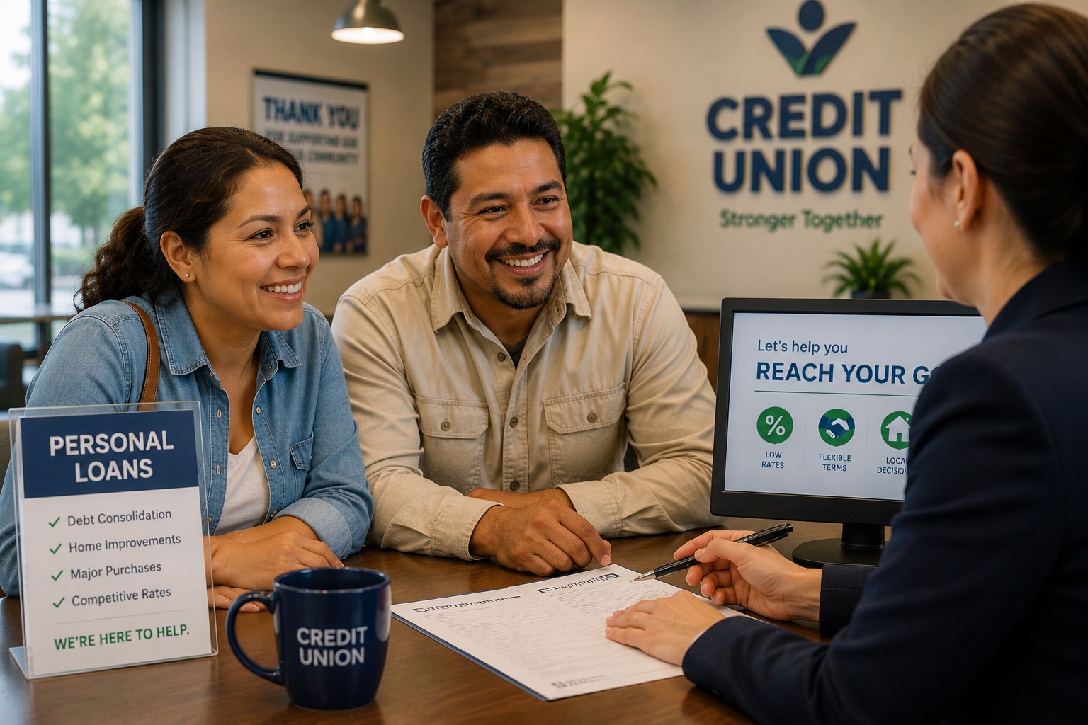 A welcoming credit union office is shown during a loan consultation between a Hispanic couple and a friendly loan officer. The scene conveys trust, financial guidance, and personalized member service in a modern, community-focused environment. Seated across a desk, a smiling Hispanic couple attentively reviews loan documents with a professional credit union representative. The loan officer gestures toward paperwork while discussing financing options, creating a relaxed and collaborative atmosphere. On the desk is a countertop sign promoting Personal Loans, listing common borrowing purposes such as: Debt Consolidation Home Improvements Major Purchases Competitive Rates The sign concludes with the reassuring message: "We're Here To Help." A computer monitor beside the loan officer displays a member-friendly presentation highlighting loan benefits such as: Low Rates Flexible Terms Local Decision Making The office features warm wood finishes, soft lighting, indoor plants, and prominent Credit Union branding on the wall, reinforcing a welcoming, community-oriented financial institution. A branded coffee mug and neatly organized paperwork contribute to the professional yet approachable setting. The overall image communicates: Credit union personal loan services Member-first financial guidance Personalized lending experience Home improvement and debt consolidation financing Local loan decision-making Trustworthy financial counseling Community banking relationships Financial empowerment through accessible lending The mood is optimistic and reassuring, emphasizing how credit unions work one-on-one with members to help them achieve their financial goals through personalized loan solutions.