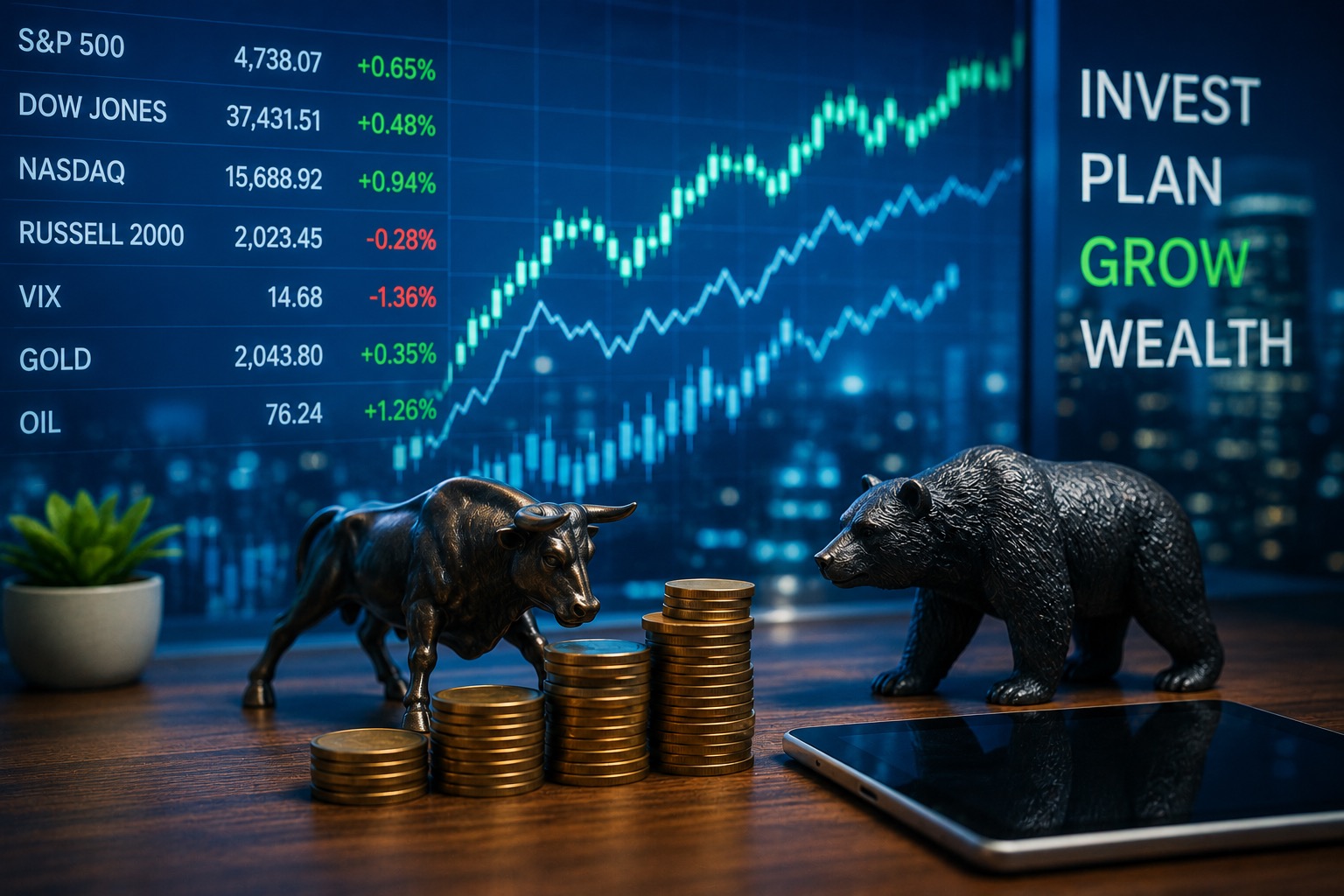 A modern stock market and investment scene portrays the excitement and strategy of long-term investing in a sleek financial environment. In the foreground, polished bronze bull and bear statues stand opposite each other, symbolizing rising and falling markets. Between them are neatly stacked gold coins, representing wealth accumulation, portfolio growth, and investment returns. A tablet rests on the desk, reinforcing the use of modern technology for investment management. Dominating the background is a large digital market display featuring: Upward-trending stock price charts Candlestick market graphs Performance lines illustrating long-term growth Major market indexes including: S&P 500 Dow Jones Nasdaq Russell 2000 VIX Gold Oil Several of the displayed indexes show positive gains highlighted in green, while others reflect normal market fluctuations in red. To the right of the display, large motivational words reinforce an investment mindset: INVEST PLAN GROW WEALTH A softly blurred city skyline in the background suggests a global financial district and modern capital markets. The image conveys themes of: Stock market investing Wealth management Portfolio growth Long-term investing Financial planning Market analysis Retirement investing Bull and bear markets Capital appreciation Investment strategy The overall design uses a sophisticated blue color palette with glowing financial graphics and metallic investment symbols to create a professional, forward-looking image focused on building long-term wealth through investing.