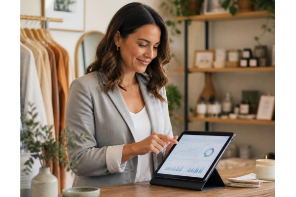 Small business owner using a digital tablet in a bright, welcoming shop