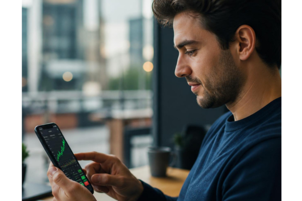 Young adult using a smartphone with a stock market app