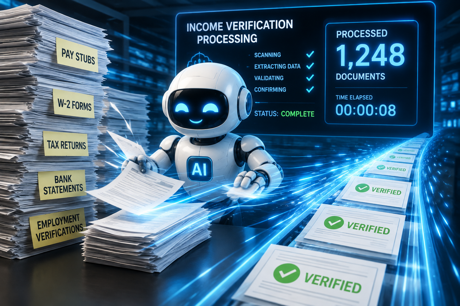 A futuristic image shows an AI-powered robot rapidly processing a large volume of income verification documents in a high-tech digital environment. Stacks of documents on the left represent pay stubs, W-2 forms, tax returns, bank statements, and employment verifications. The AI bot works through the paperwork at extremely high speed while documents move along a digital processing path. A large screen behind the robot displays the income verification workflow, including scanning, extracting data, validating, and confirming information. The dashboard shows 1,248 documents processed in only eight seconds, emphasizing the speed and scale of automated processing. Verified documents emerge on the opposite side with green checkmarks, illustrating successful completion of the verification process. The image conveys themes of AI-powered income verification, lending automation, document processing, data validation, operational efficiency, and faster loan decisioning.
