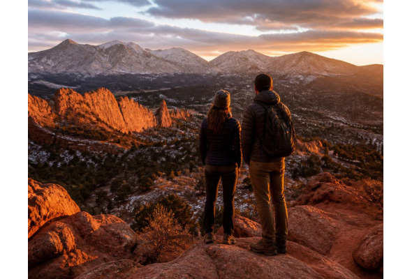 A Colorado outdoor scene with hikers enjoying nature at sunset, looking out over red rock formations and dramatic mountain scenery. Warm golden-hour light.