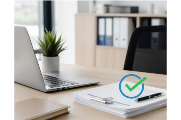 A clean, modern office desk with a laptop, a light stack of documents, and a subtle stamp or checkmark graphic to convey simplicity and efficiency.