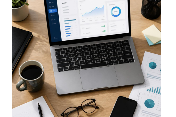 A clean top-down flat lay or close-up of a modern workspace featuring a laptop displaying a contemporary banking dashboard, a coffee cup, financial documents, and neat desk accessories.