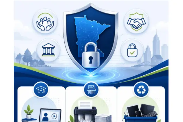 A clean, trust-building financial services with a shield, digital lock and or Minnesota map, surrounded by credit union trust-badge motifs