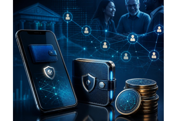 A conceptual image representing credit union digital currency_ a modern smartphone and secure digital wallet interface beside a small stack of sleek digital currency coins