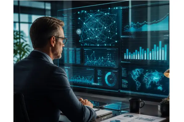 A credit union leader or decision-maker facing a futuristic data dashboard, digital network