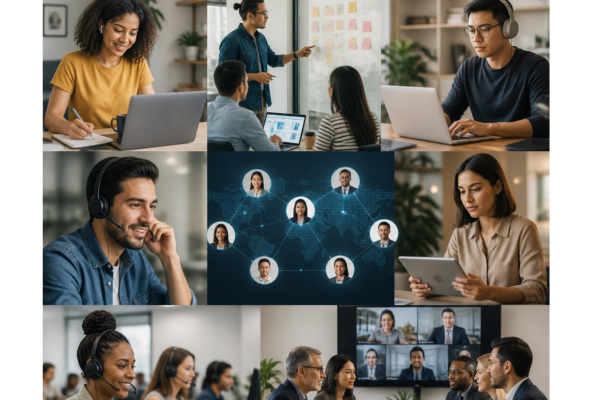 A diverse hybrid workforce collaboration collage featuring a tech startup team, a financial office meeting, and customer support operations.