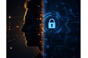 A dramatic cybersecurity concept image featuring a silhouette with a split face composition, half human profile and half digital security interface.