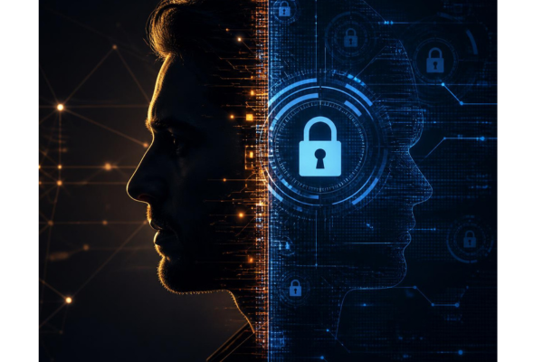 A dramatic cybersecurity concept image featuring a silhouette with a split face composition, half human profile and half digital security interface.