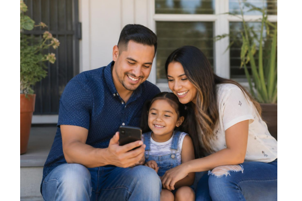 A friendly, relatable small family in Central California in a sunny outdoor setting, wearing casual attire and holding a smartphone checking a banking app on a porch.