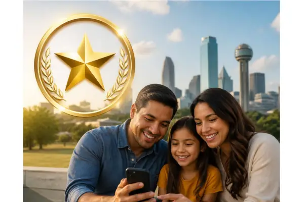 A gold star award overlay beside a warm, happy individual or family checking their smartphone, set against a North Texas backdrop