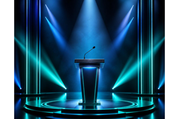 A high-contrast background with sleek neon and studio lighting, dark tones, blue and vibrant teal accents, spotlight beams and a central microphone pitch podium