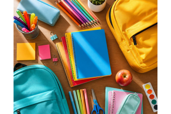 A high-contrast, top-down flat lay photo of colorful, neat school supplies