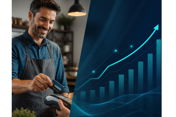 A high-end split layout showing a business owner paying with a card on one side, paired with a subtle clean graphic of rising charts and data trends on the other.