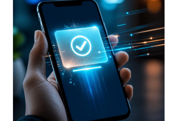 A high-energy yet clean photorealistic close-up of a smartphone receiving an instant digital transaction notification.