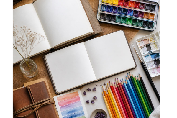 A high-quality close-up overhead flat-lay photograph of colorful creative supplies arranged neatly and artfully.