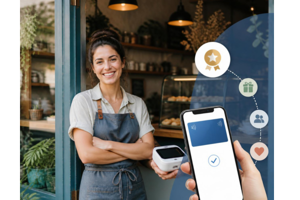 A layered design featuring a warm, thriving local small business with subtle digital overlay elements like a smartphone displaying a card payment.