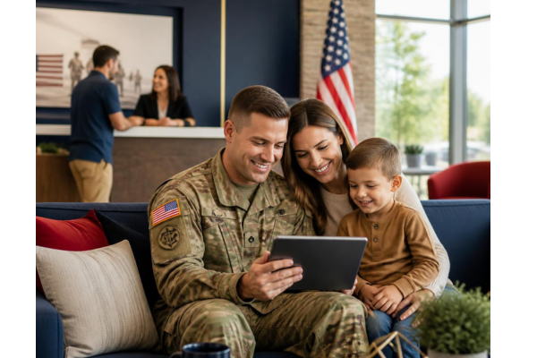 A military-connected financial life, featuring a military family or service member using a digital banking device, paired with subtle patriotic and service elements and credit union branch.